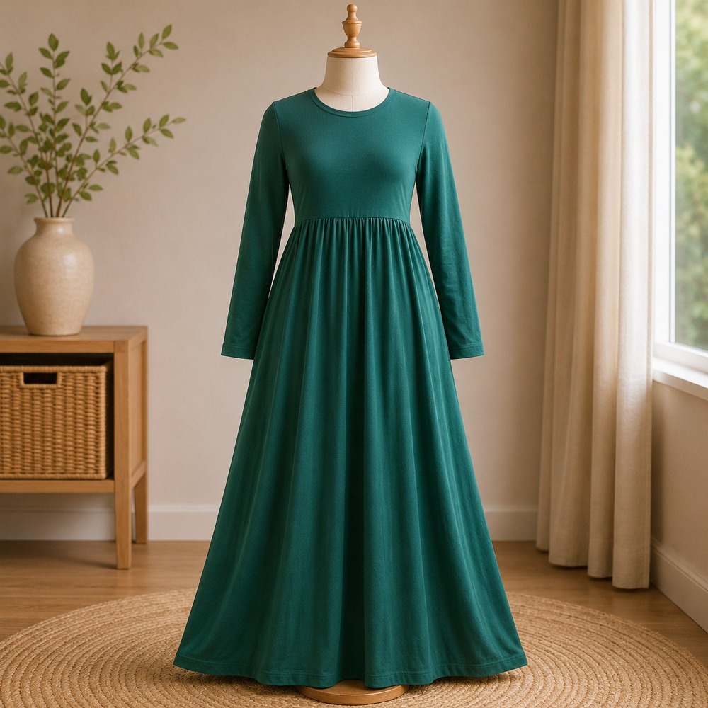 Joan Rivers Maxi Dress XL Green Long Sleeve Empire Waist Scoop Neck Jersey